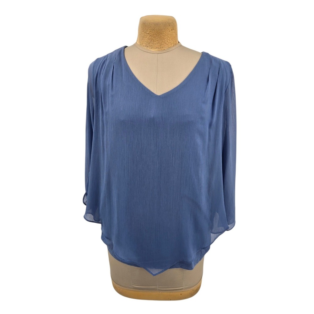 AGB Woman Blouse Women 2X Blue V-Neck Sheer Overlay Tie Sleeve Casual Feminine